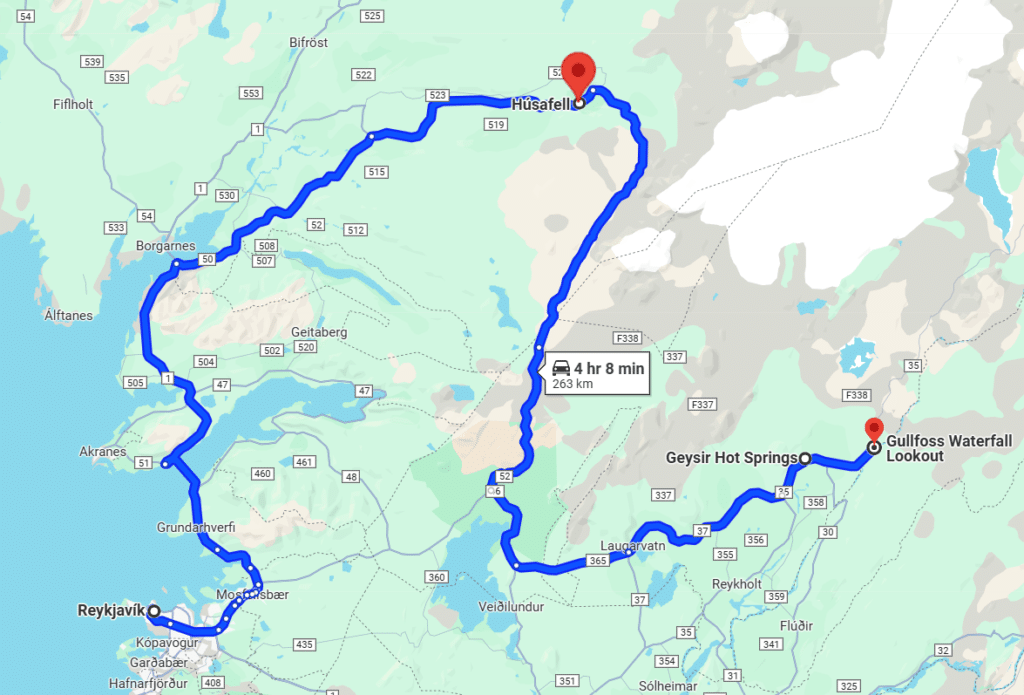 A screenshot of Google Maps driving directions to Langjokull glacier in Iceland.