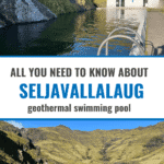 A view of Seljavallalaug, the oldest swimming pool in Iceland, surrounded by mountains and lush vegetation.