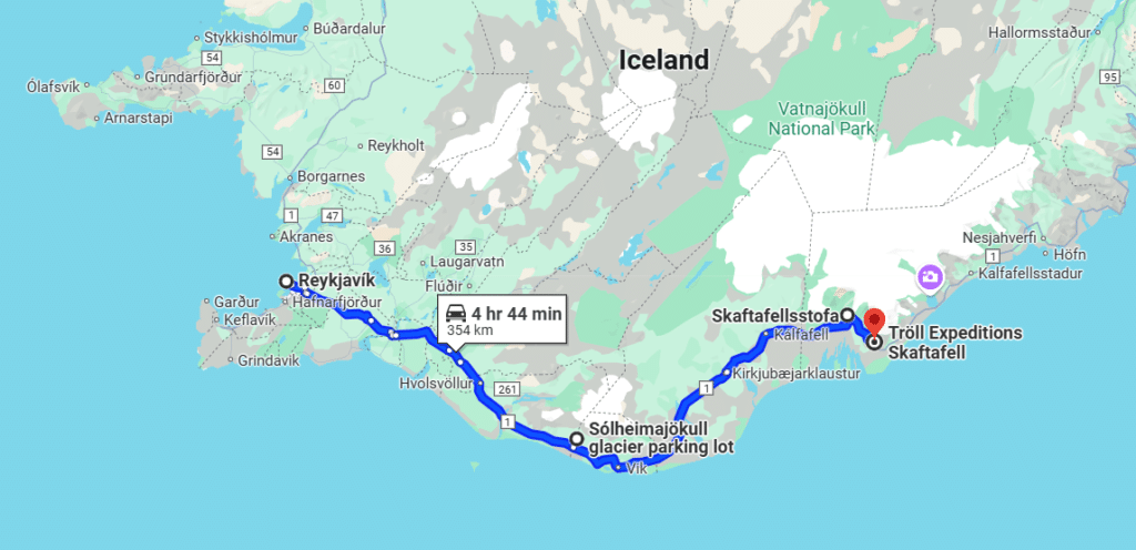 A Google Map screenshot of driving directions to Skaftafel Visitors Center in Iceland.