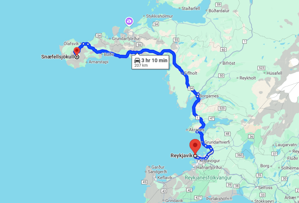 A screenshot of Google Map directions from Reykjavik to Snaefellsjokull Glacier.
