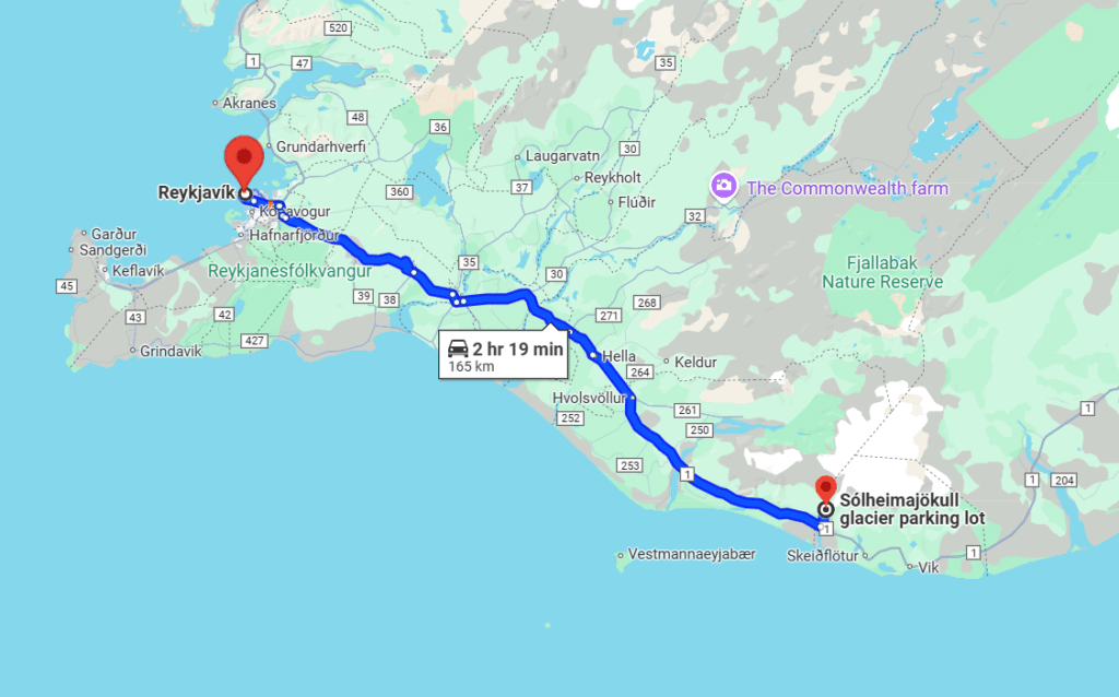 A Google Map screenshot of driving directions from Reykjavik to Solheimajokull Glacier in Iceland.