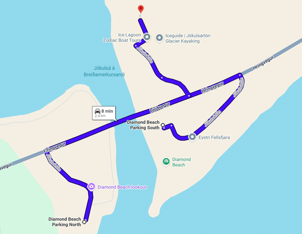 A Google Maps screenshot of the Diamond Beach Parking Map in Iceland.