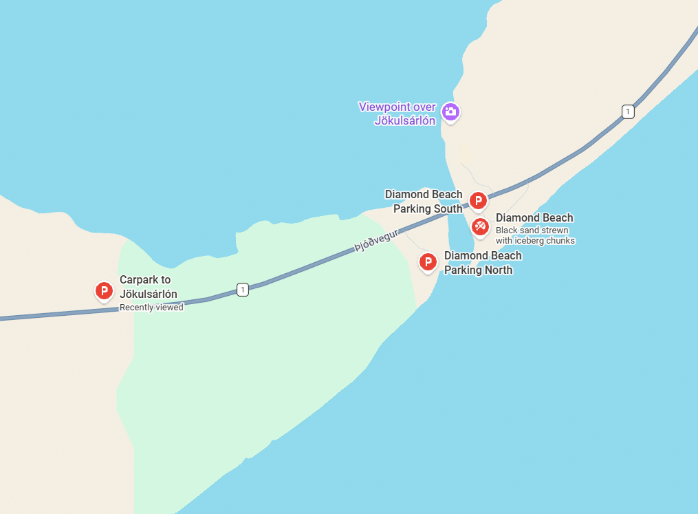 A Google Maps screenshot of driving directions to a free parking lot for Diamond Beach and Jokulsarlon Glacier Lagoon in Iceland.