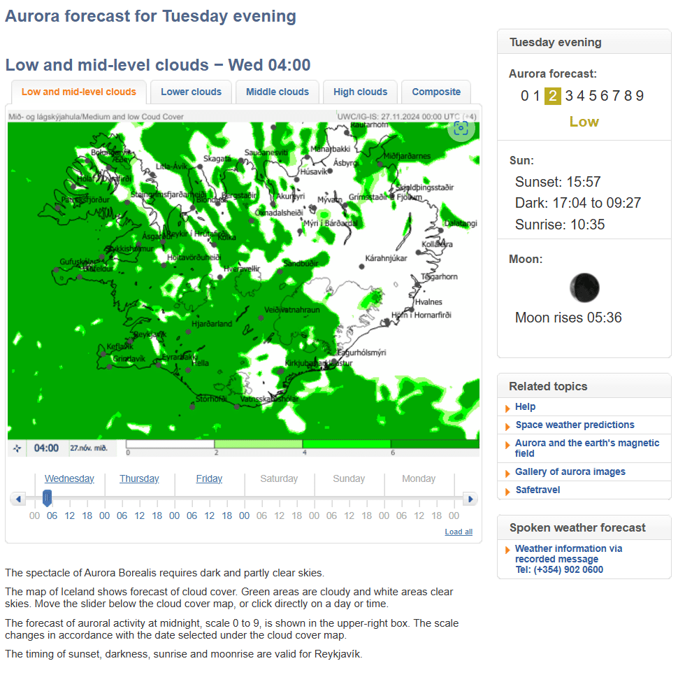 A map from the Icelandic Met Office of the Aurora forecast in Iceland.