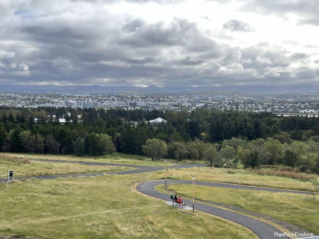 Paved walking paths around Perlan Museum in Reykjavik, viewed from the observation deck.