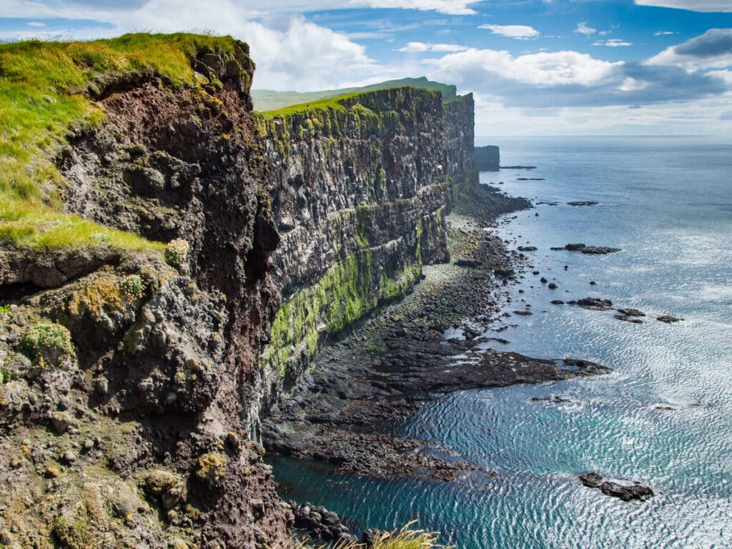 Puffins on the cliffs of Latrabjarg Cliffs in Iceland.