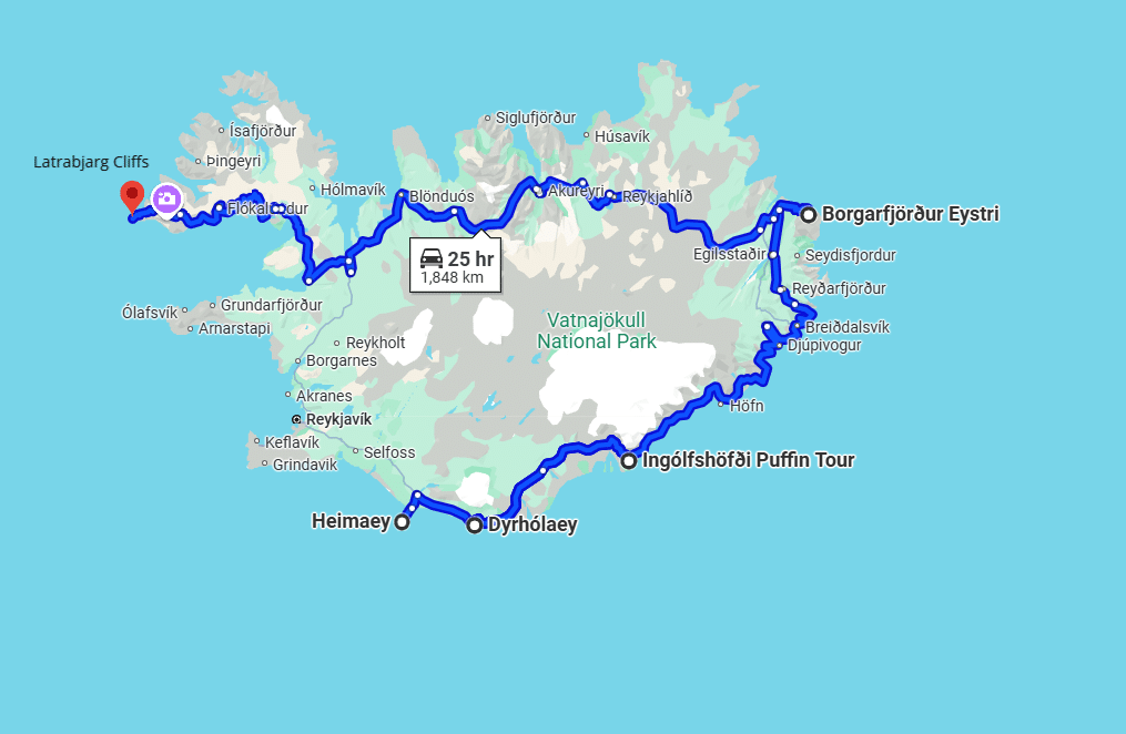 A screenshot of Google map of places in Iceland where you can see puffins.