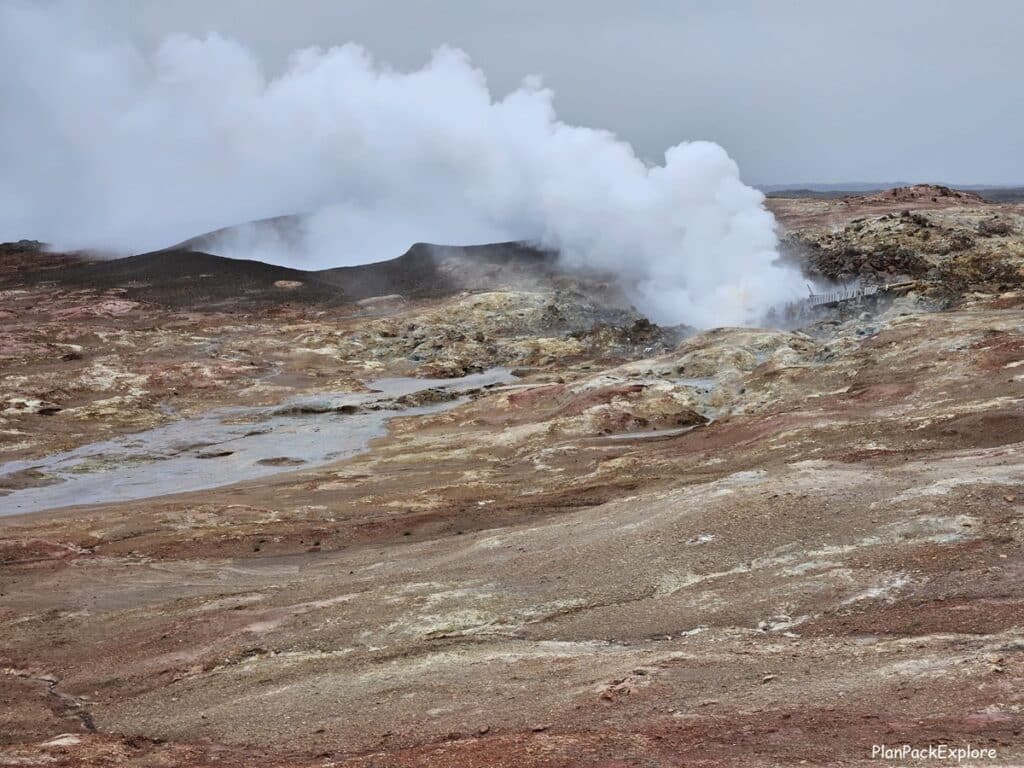 Steam plume coming from a hot spring at Gunnuhver Geothermal area on Reykjanes peninsula in Iceland.