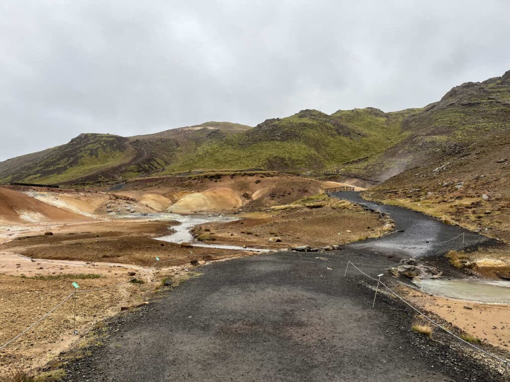 Colorful soil and green mountains on Reykjanes Peninsula in Iceland.