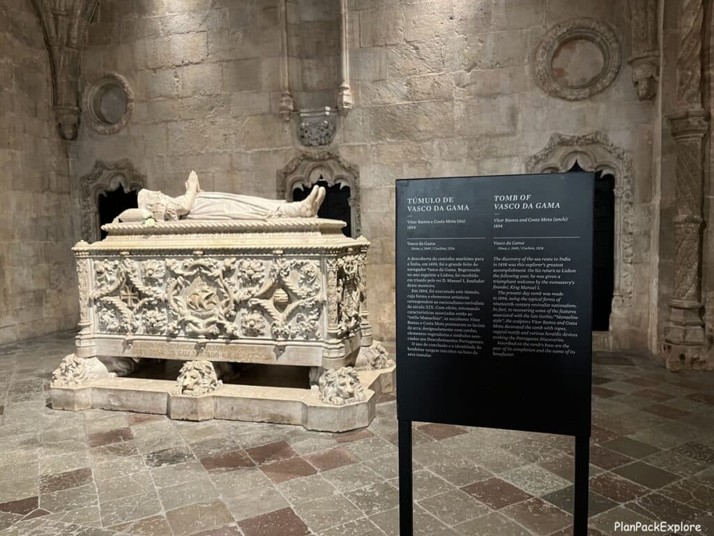 A view of the stone tomb of Vasco ga gama in Santa Maria church near jeronimos monastery in lisbon.