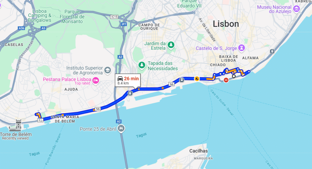 A screenshot of Google Maps directions to jeronimos Monastery in Lisbon.