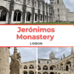 A view of the Jerónimos Monastery in Lisbon, showcasing its intricate architecture and cloistered courtyard.