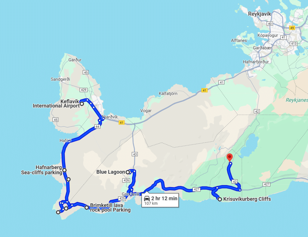 A screenshot of Google maps showing Reykjanes Peninsula attractions in Iceland.
