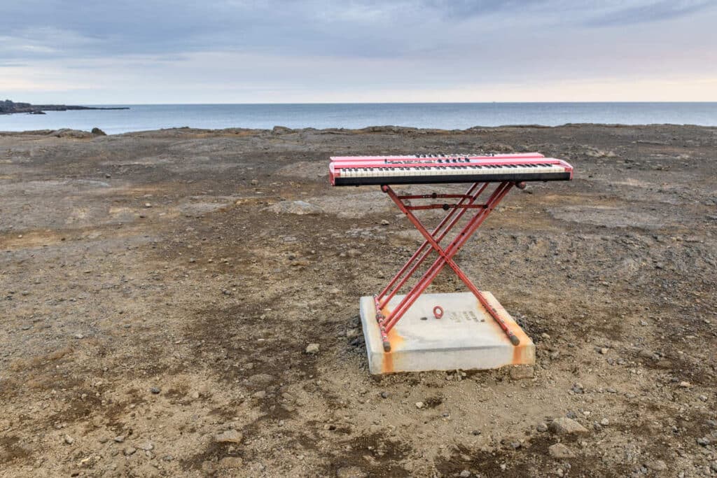 Red keyboard on the volcanic ground at Reykjanes peninsula in Iceland.