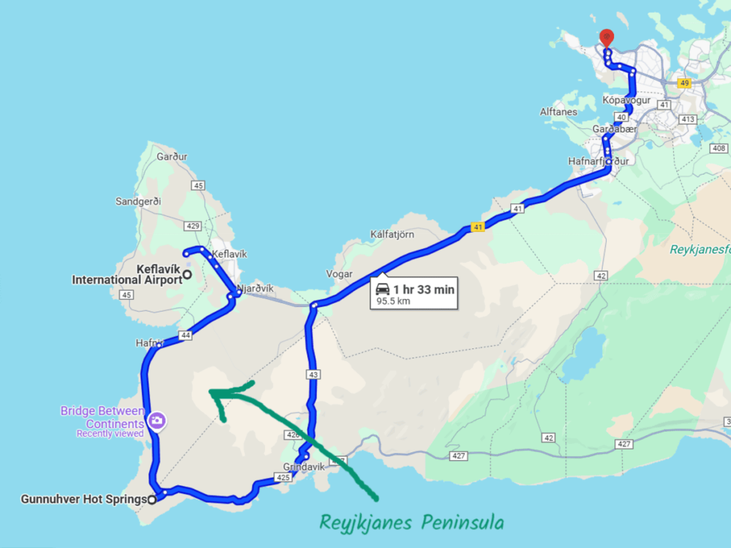A screenshot of Google maps driving directions from Keflavik airport and Reykjavik to Reykjanes Peninsula.