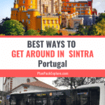 A public bus displaying a route for the Pena Palace Circuit is parked outside a building in Sintra, Portugal, with a colorful palace visible in the background.