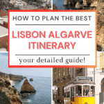 A collage featuring scenic views of Lisbon and the Algarve, including landmarks, coastline, and a vintage tram, with the text overlay "HOW TO PLAN THE BEST LISBON ALGARVE ITINERARY."