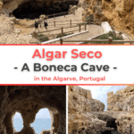 A view of the Algar Seco site in the Algarve, Portugal, featuring rocky formations and caves with a pathway leading towards the water.