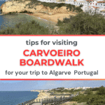 The image shows the Carvoeiro boardwalk in Algarve, Portugal, with a scenic view of cliffs and the coastline leading to a beach, accompanied by people walking along the wooden path.