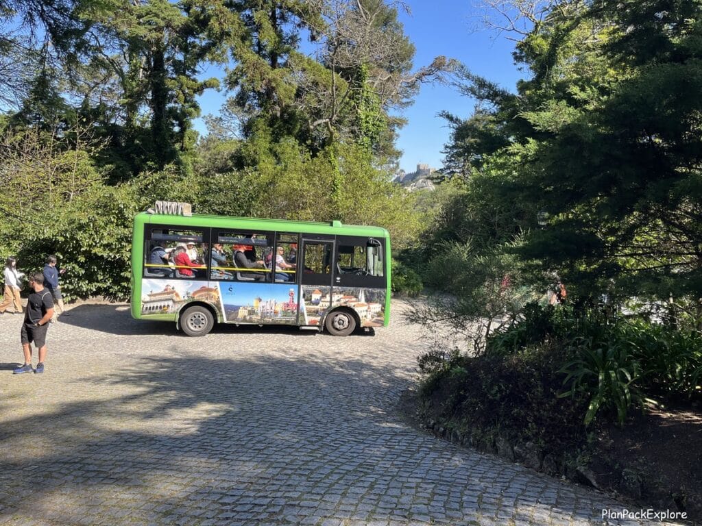 A green shuttle bus in Sintra, Portugal.