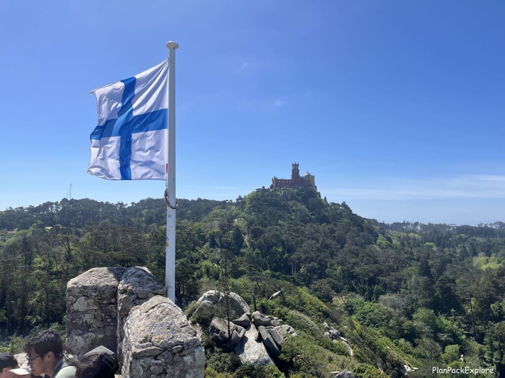 A view of pena palace from the Moorish Castle in Sintra Portugal.