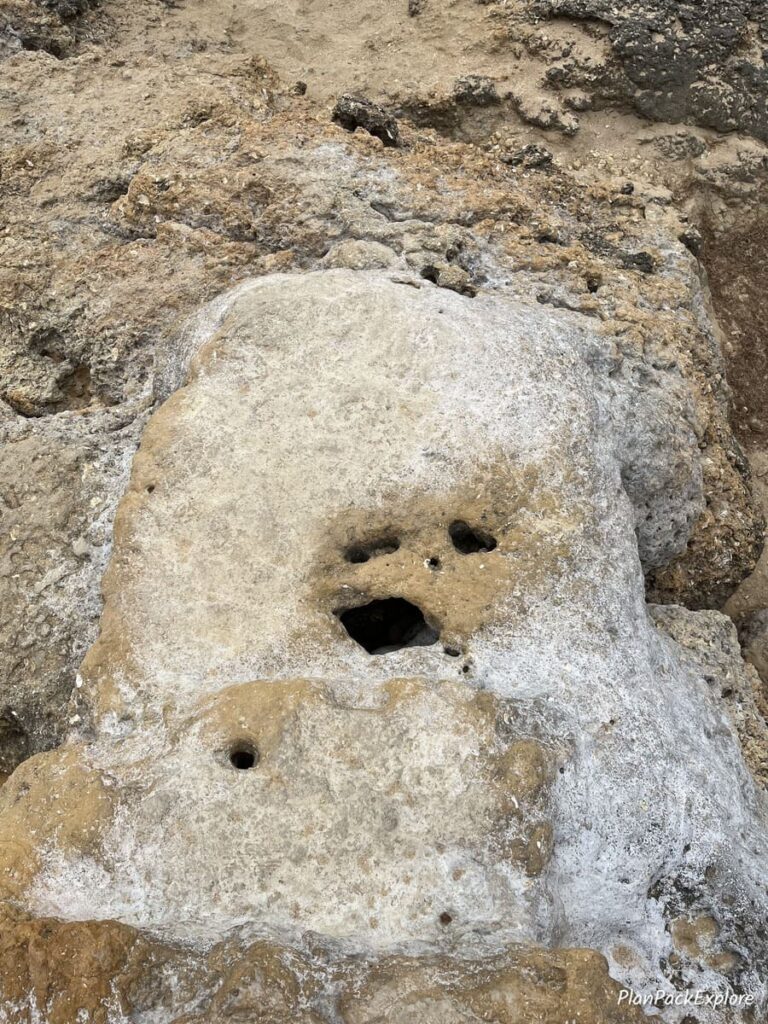 A rock formation resembling a face in the cliffs below the Carvoveiro boardwalk in Portugal.