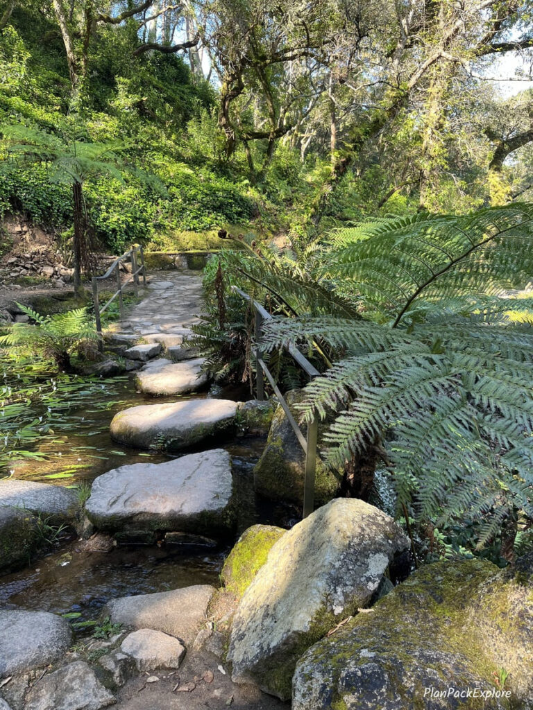 stepping stones over a stream in a park near monserrate palace in sintra.