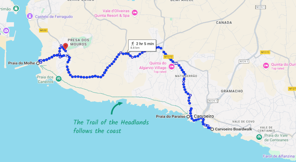 A screenshot of Google Maps direction to the trailhead for the trail of the headlands in The Algarve, Portugal.