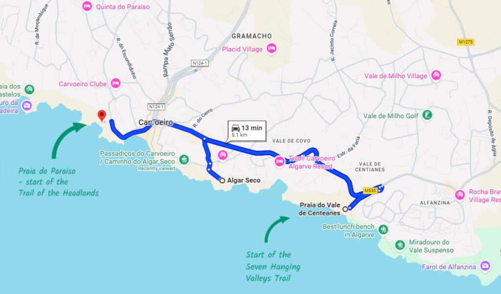 A screenshot of Google Maps showing trailheads to two Algarve hiking trails close to Algar Seco in Portugal.