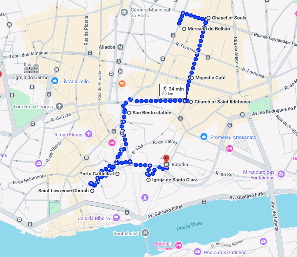 A Google Maps screenshot of walking directions to different Porto attractions.