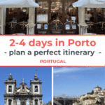 The image features a travel guide promoting a 2-4 day itinerary in Porto, Portugal, showcasing prominent local attractions including a historic café, a church with traditional azulejos, and a scenic view of the city.