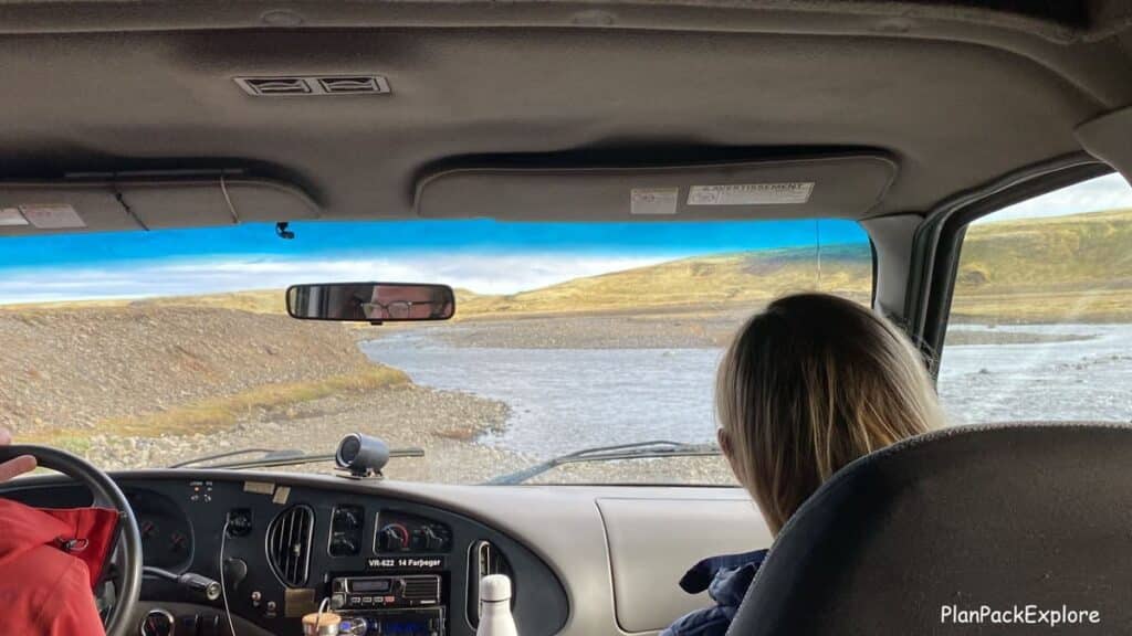 A medium river crossing viewed from the car window on a gravel road leading to laki Craters in Iceland.