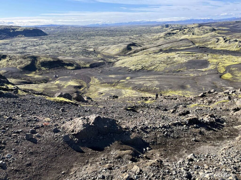 A view of the trail and a parking lot from the top of Mt. laki in Iceland.