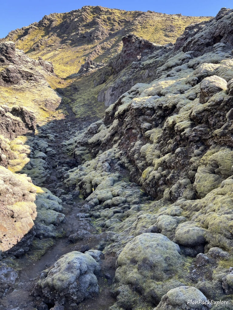 A narrow trail inside a volcanic crater at Laki, Iceland.