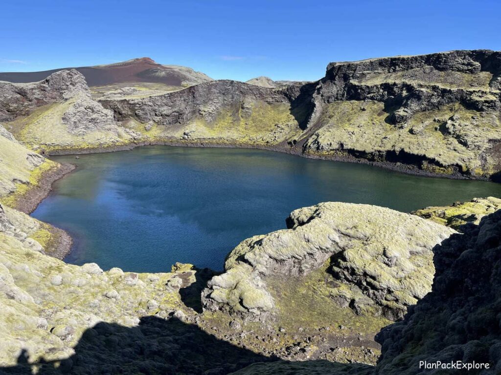 A bright blue crater lake at Laki in Iceland.