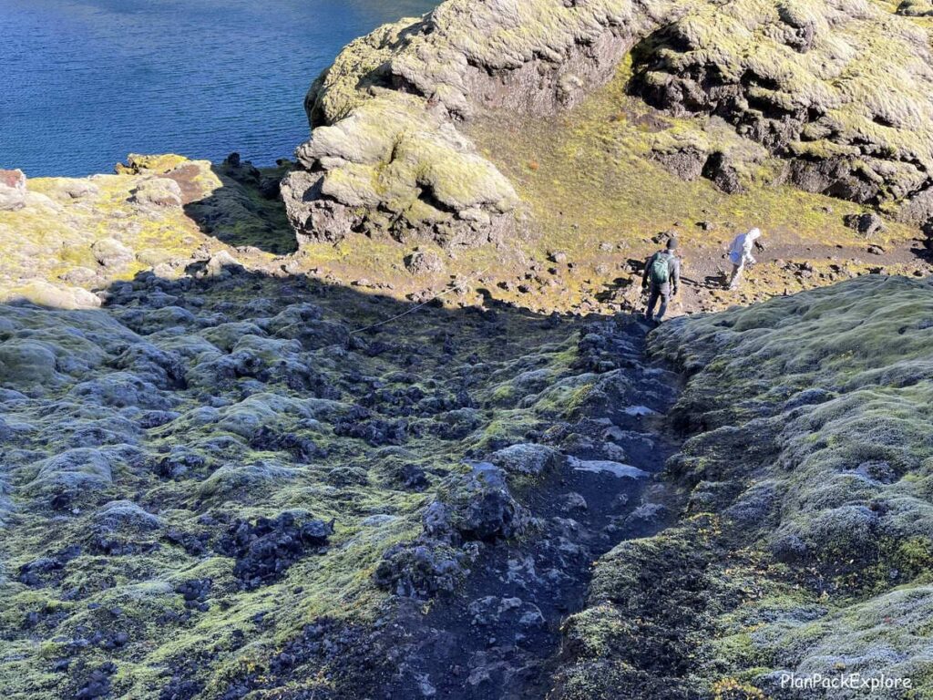 A set of narrow lava stairs near a crater lake at Laki in Iceland.