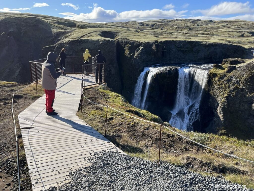A viewing deck for a waterfall called Fagrifoss at Laki in Iceland.