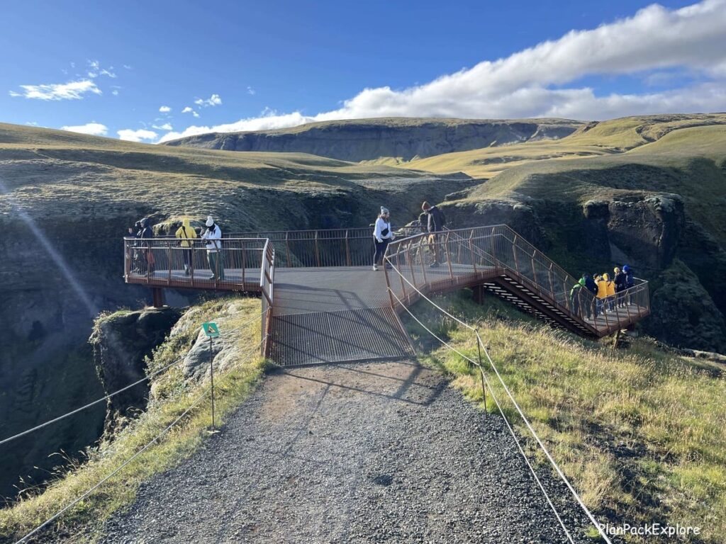 A steel viewing deck over Fjadrargljufur Canyon in Iceland.