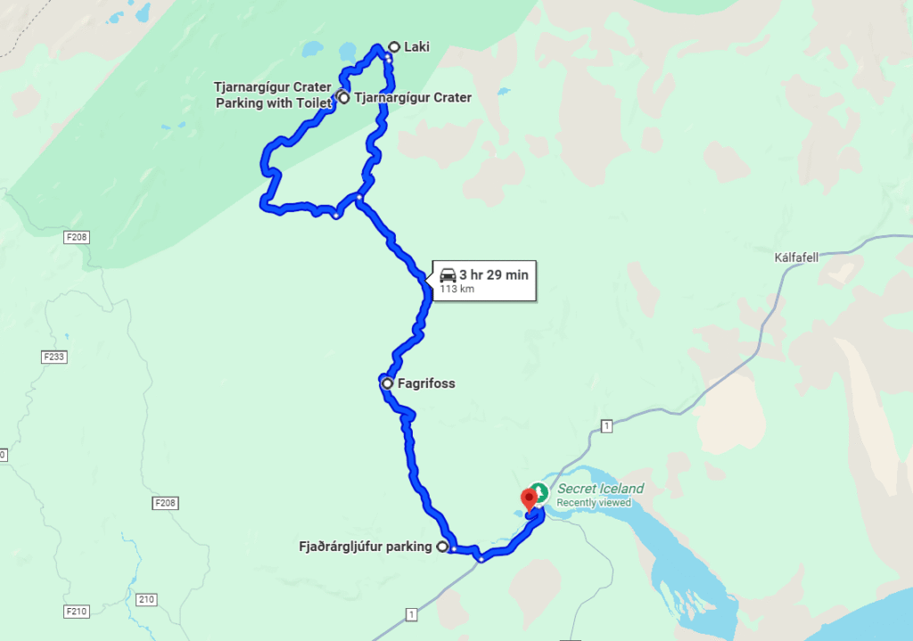 A screenshot of Google Maps directions to Laki Craters in Iceland.