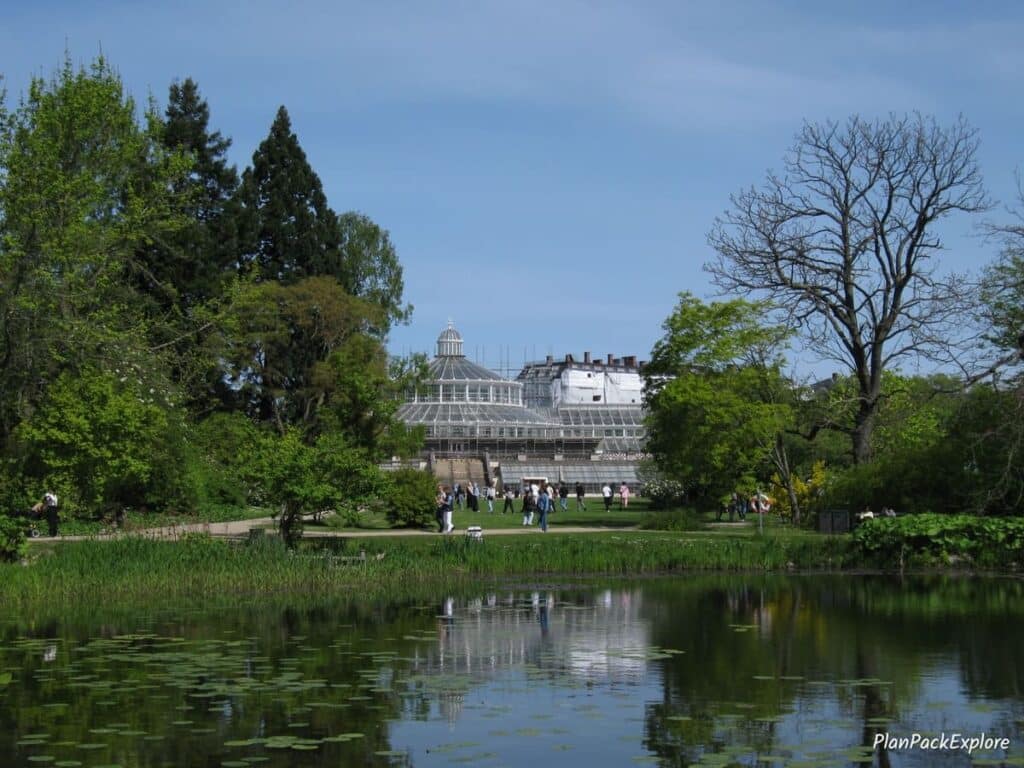 A glass building by the water in botanical gardens in copenhagen