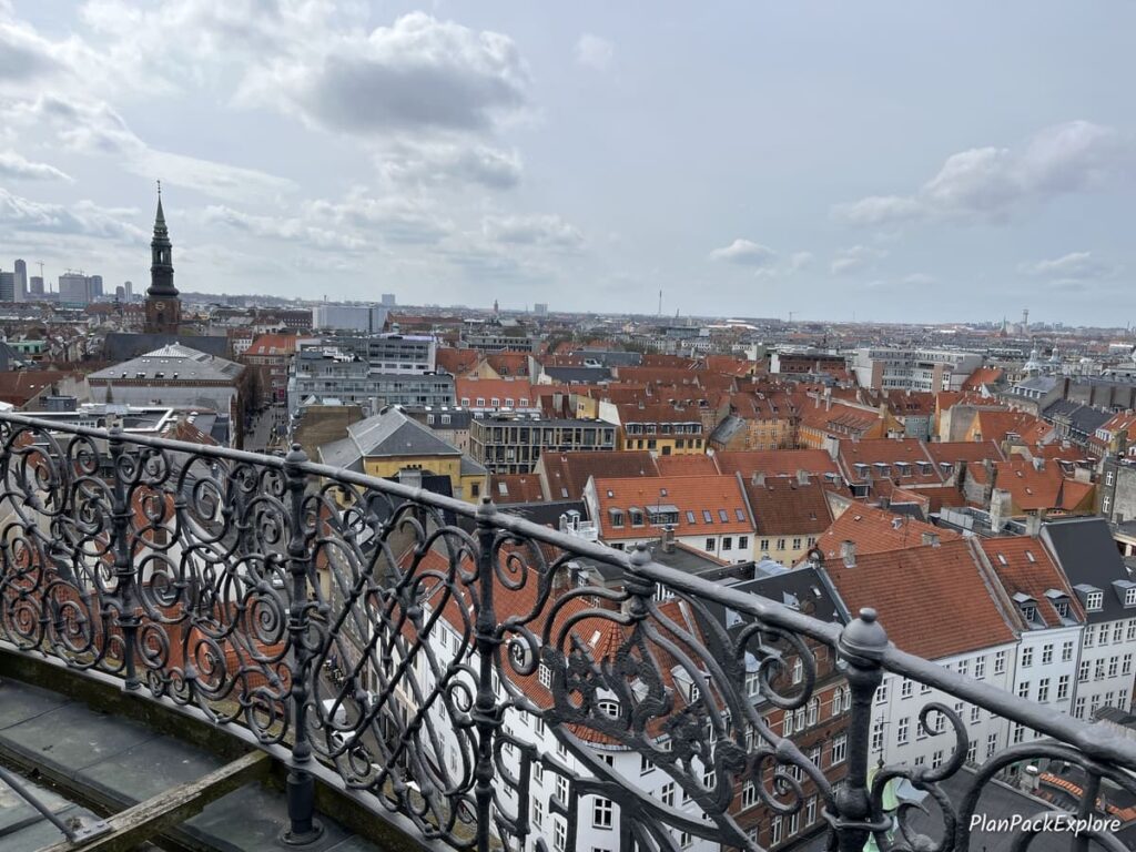 A view of rooftops in copenhagen from the top of the round tower.