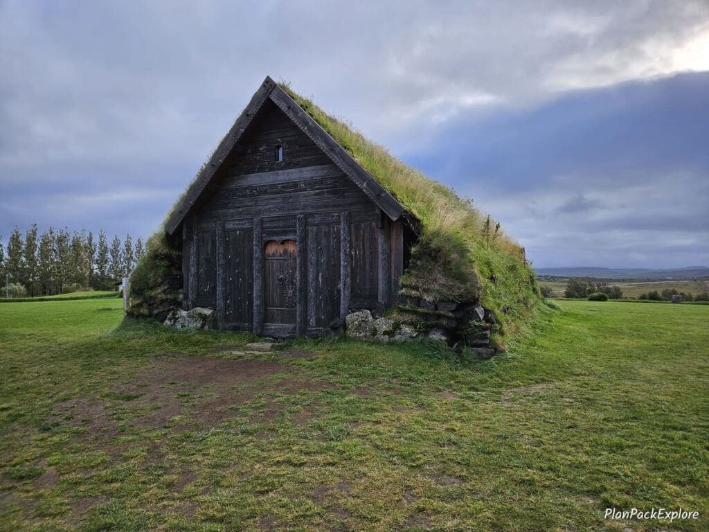 A turf house at the Skalholt historic site in iceland.