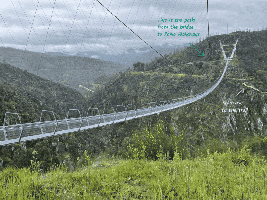 A steel suspension bridge with text marking the path to the Paiva Walkways trail in Portugal