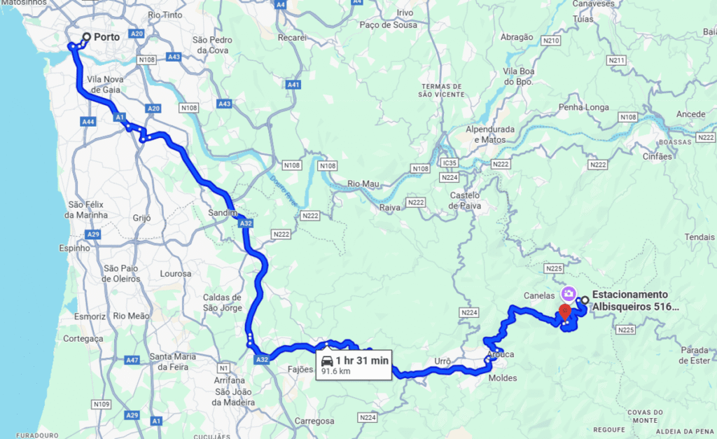 A screenshot of Google Maps directions from Porto to 516 Arouca Bridge in Portugal.