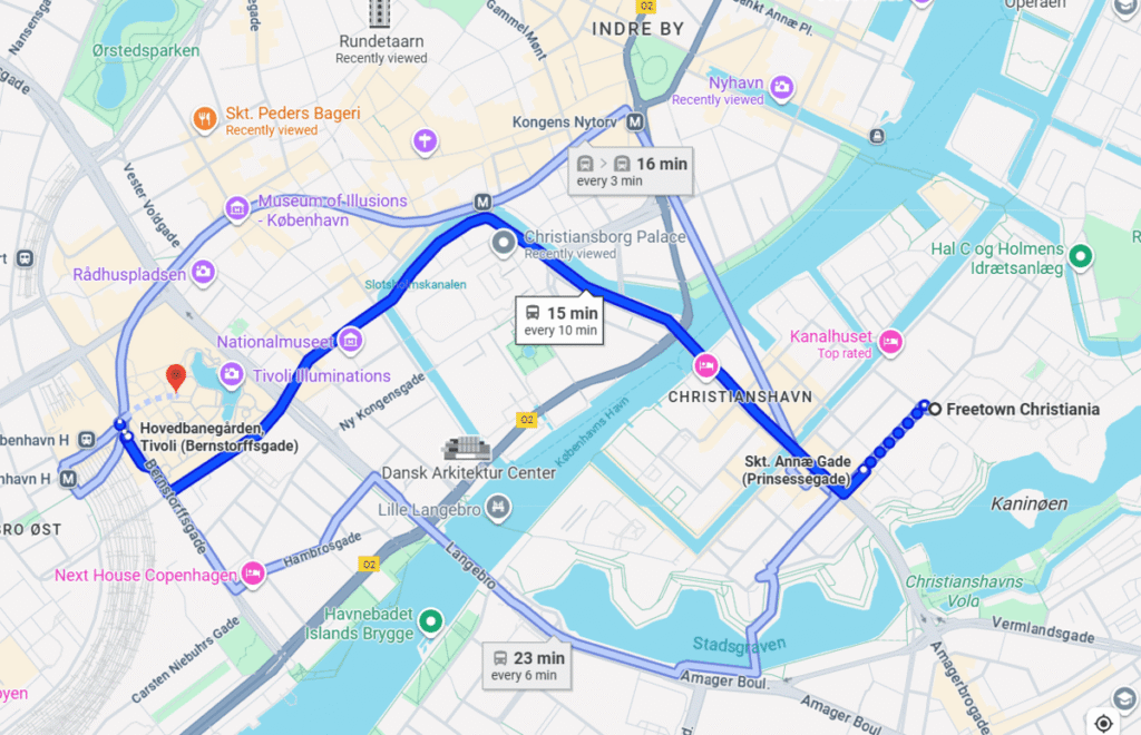 A screenshot od Google Maps directions to itinerary stops in Copenhagen.