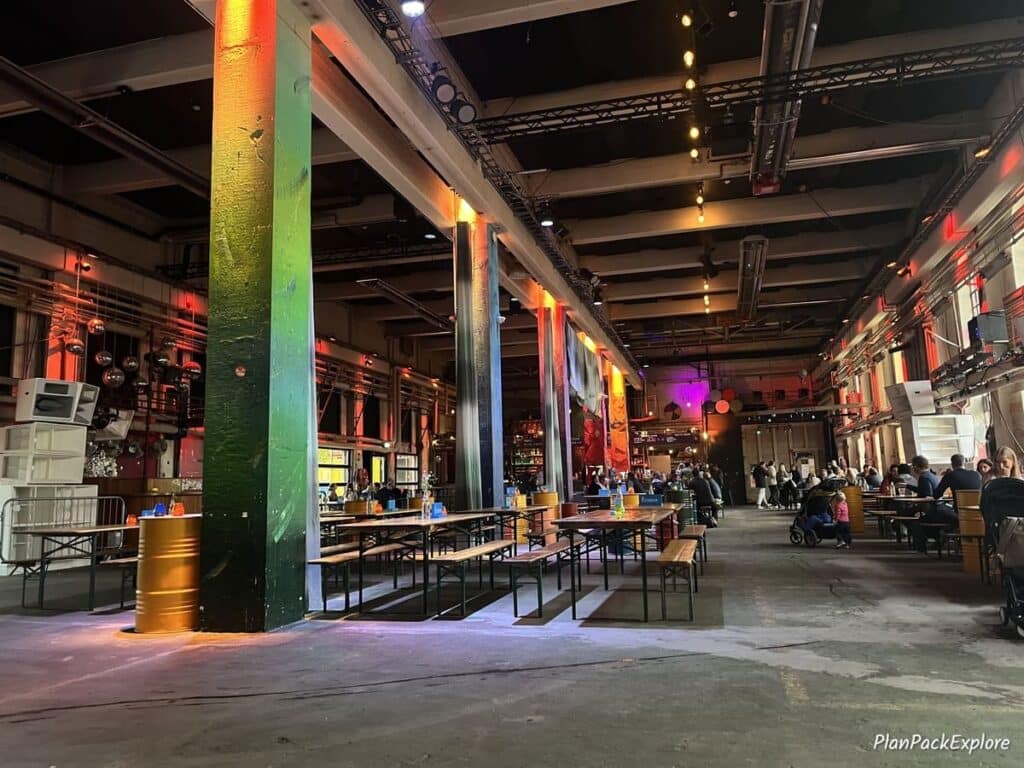 An indoor food hall of Reffen Street Food Market in Copenhagen.