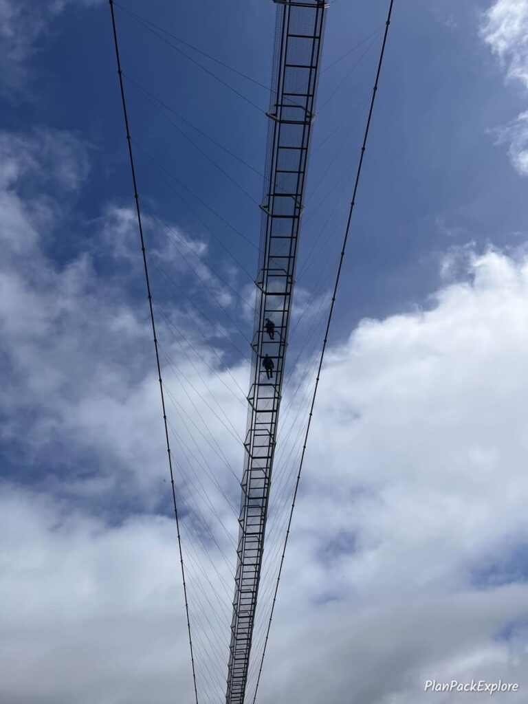 A view of a steel suspension bridge called 516 Arouca Bridge in Portugal from a hiking trail under the bridge.