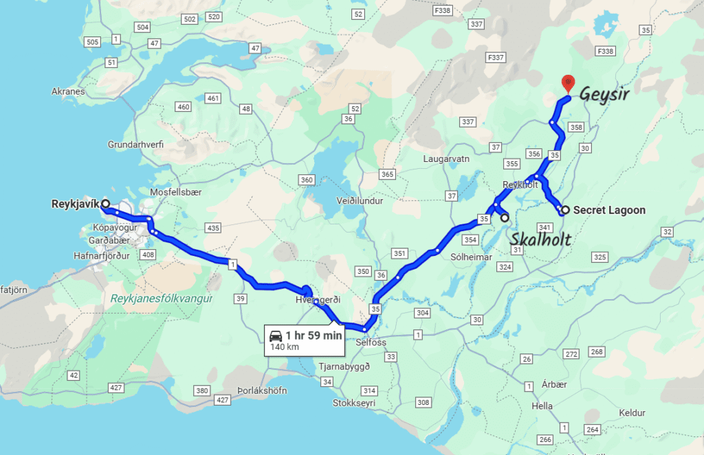 A Google maps screenshot of directions to Skalholt Cathedral in Iceland.