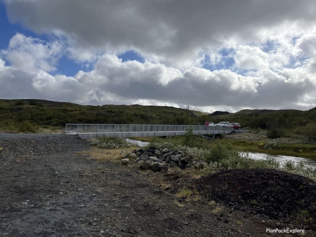 A metal bridge leading to the trail to Stong in Thjorsardalur Valley, Iceland.