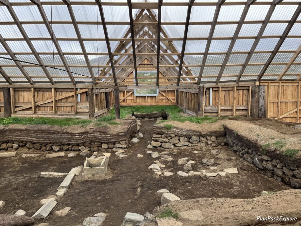 Excavation side inside a restored log house at Stong in Thjorsardalur Valley, Iceland.